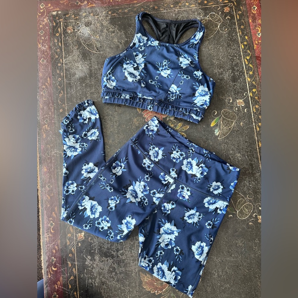 Kate Spade New York Womens Navy Blue Floral High Rise Leggings & Sports Bra Set